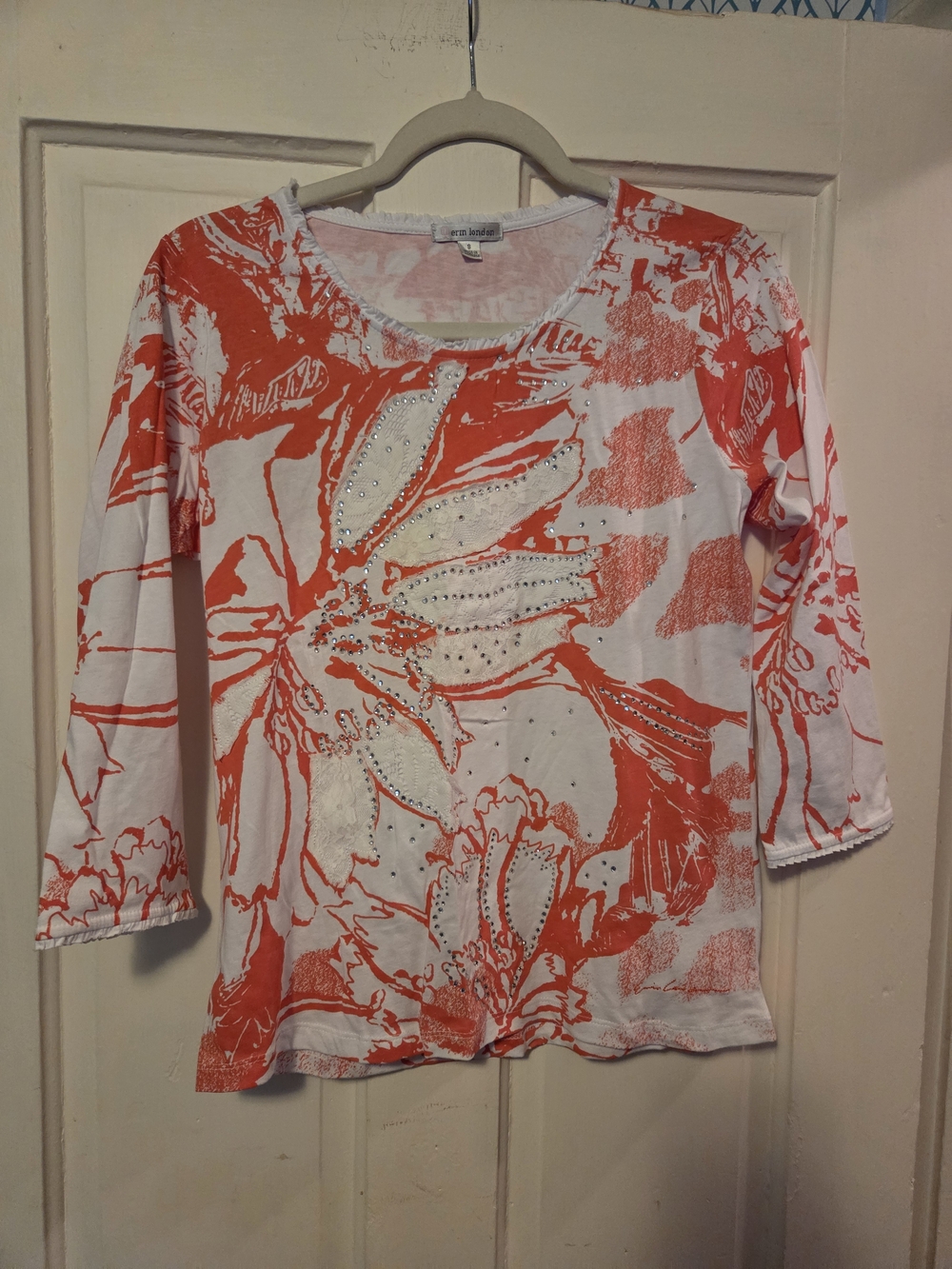 erin london White and Orange Floral Scoop Neck Long Sleeve Tee with Rhinestones